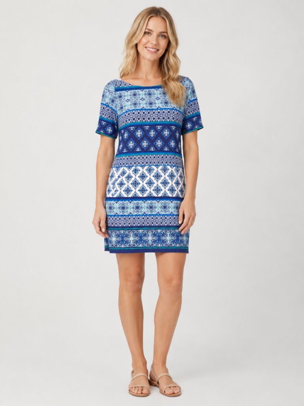 2/$30 Eliza J Geometric Knit Shift Dress Blue Short Sleeve Lined Back Zip #7009